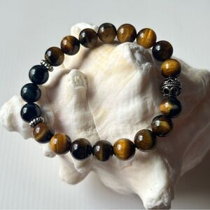 Yellow and navy Tiger Eye Beaded Bracelet 10mm sterling silver 17-19cm wrist
